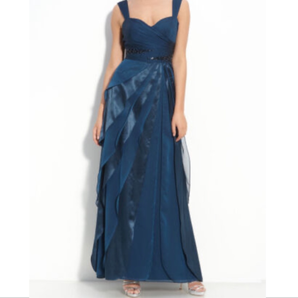 Adrianna Papell Beads Tiered Chiffon Evening Gown Sz 8 Prussian Blue Prom Dress - Picture 1 of 16